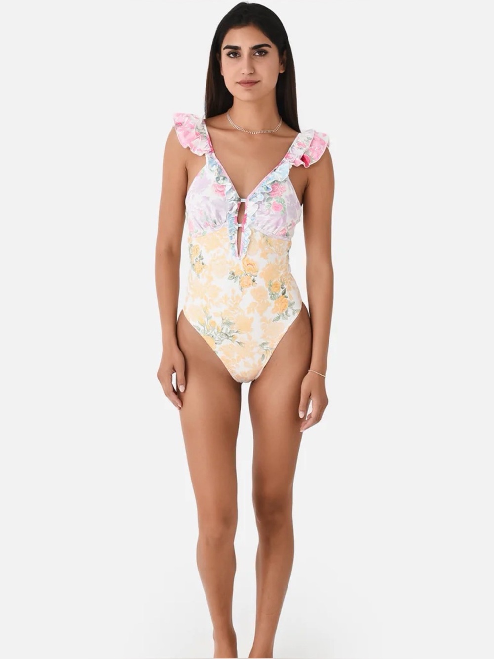 LoveShackFancy Floral Ruffle One-Piece Swimsuit in Pink and Yellow